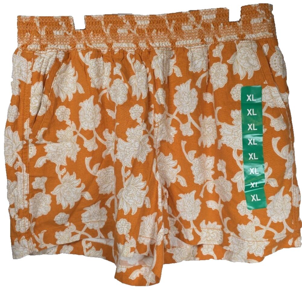 Briggs Women's Linen Blend Flowy Summer Orange Floral Shorts XL Elastic Stretch